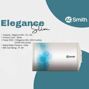 A.O.Smith Elegance Slim water heater in white color with product specifications.