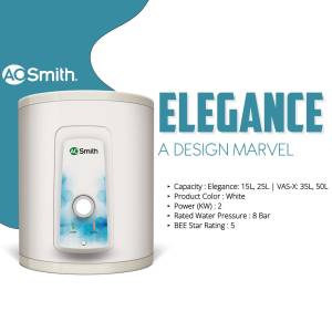 AO Smith Elegance water heater with white finish and blue accents