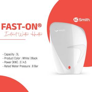 White A.O. Smith Fast-On Instant Water Heater with product specifications