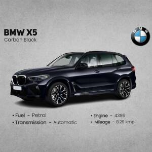 Side view of a black BMW X5 Carbon Black with specifications