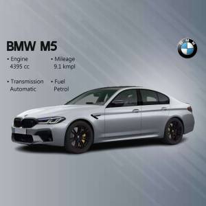 Silver BMW M5 sedan with key specifications displayed