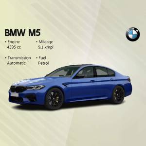 Side view of a blue BMW M5 sedan with key specifications listed.