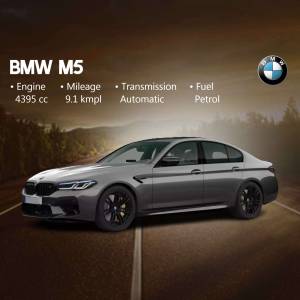 Gray BMW M5 car with performance specifications listed