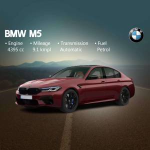 Red BMW M5 car with performance specifications