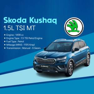Blue Skoda Kushaq 1.5L TSI MT car advertisement with specifications