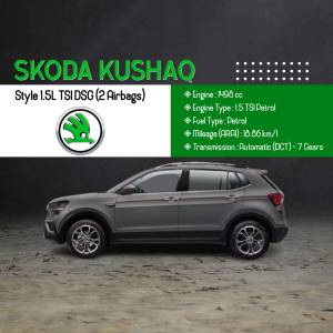 Side view of a grey Skoda Kushaq Style 1.5L TSI DSG car
