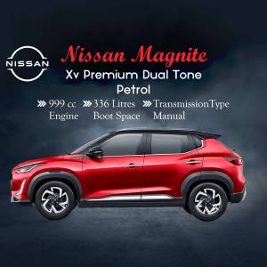 Side view of a red and black Nissan Magnite XV Premium Dual Tone petrol car