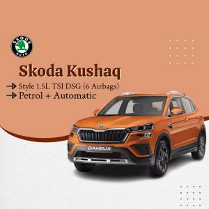 Orange Skoda Kushaq Style 1.5L TSI DSG car with 6 airbags