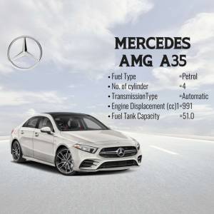 White Mercedes-AMG A35 sedan on a coastal road with specifications listed.