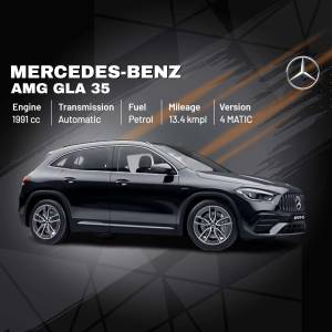 Side view of a black Mercedes-Benz AMG GLA 35 with vehicle specifications.