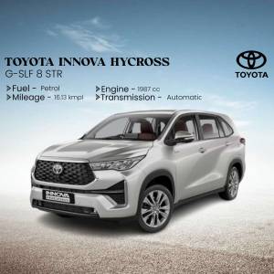 Silver Toyota Innova Hycross G-SLF 8 STR car with specifications