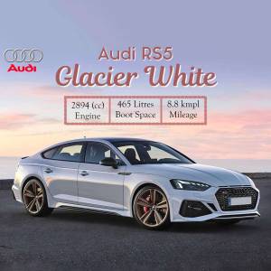 White Audi RS5 car with engine, boot space and mileage details