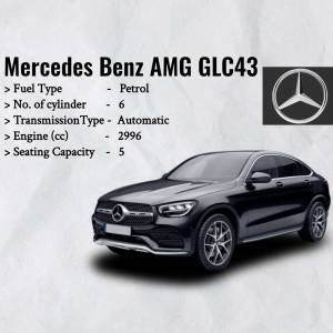 Black Mercedes Benz AMG GLC43 car with specifications listed