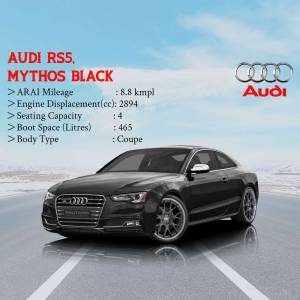 Black Audi RS5 coupe with vehicle specifications