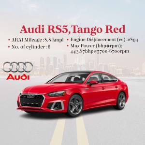 Red Audi RS5 car with performance specifications