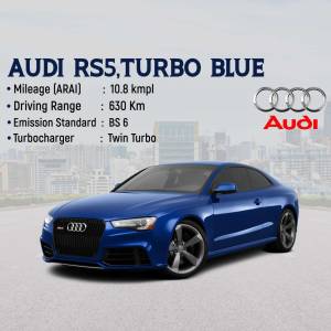 Blue Audi RS5 car with performance specifications