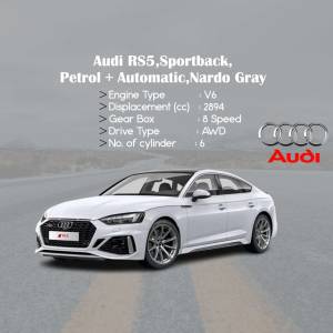 Side view of a white Audi RS5 Sportback in Nardo Gray with specifications listed.