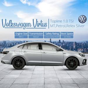Silver Volkswagen Virtus Topline 1.0 TSI car parked in front of a city skyline