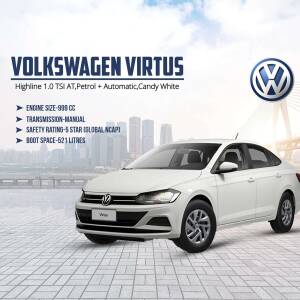 White Volkswagen Virtus Highline 1.0 TSI AT car parked in front of a city skyline