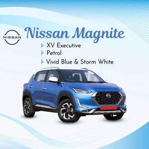 Blue Nissan Magnite XV Executive Petrol car with storm white roof