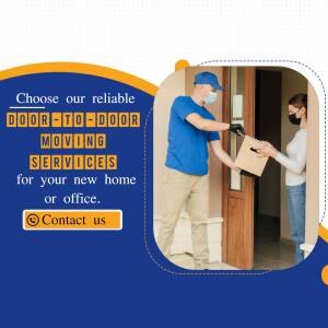 Moving service with a delivery person handing a box to a customer.