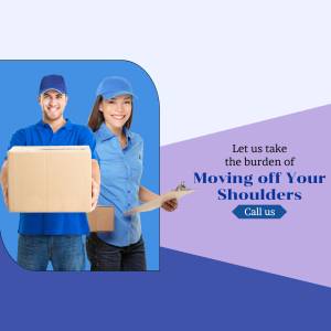 Two delivery personnel handing over a package with text promoting moving services.
