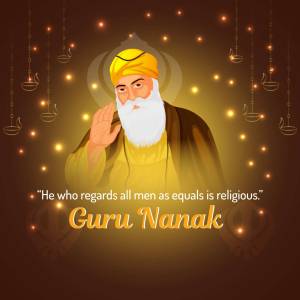 Portrait of Guru Nanak with a quote and festive decorations