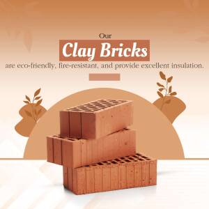 Stack of red clay bricks with text highlighting eco-friendly and fire-resistant properties.