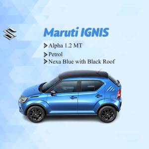 Side view of a blue Maruti Ignis with a black roof