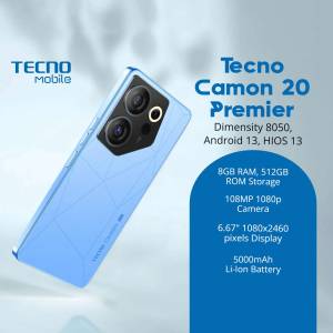 Tecno Camon 20 Premier phone with blue textured back and specifications