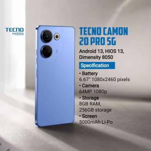 Tecno Camon 20 Pro 5G smartphone in blue color with specifications listed