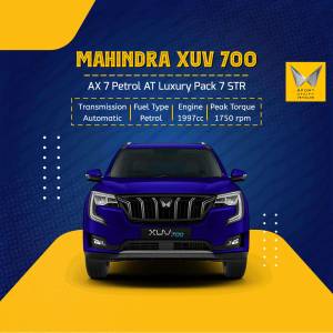 Front view of a blue Mahindra XUV700 AX 7 Petrol AT Luxury Pack 7 STR