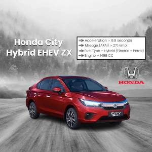 Red Honda City Hybrid EHEV ZX car on a road with performance specifications displayed.