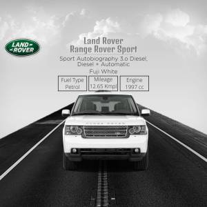 Black and white advertisement for a Land Rover Range Rover Sport in Fuji White.