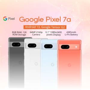 Google Pixel 7a smartphone in four different colors: Charcoal, Snow, Sea, and Coral.