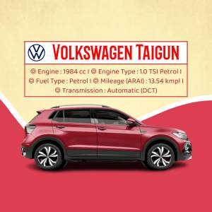 Side view of a red Volkswagen Taigun with specifications listed above.