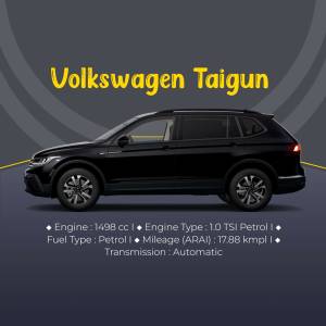 Black Volkswagen Taigun SUV with specifications