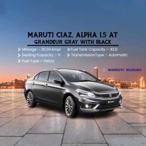 Maruti Ciaz Alpha 1.5 AT in Grandeur Gray with Black color, showcasing car specifications.