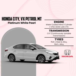 Honda City VX Petrol MT in Platinum White Pearl color with engine and transmission details