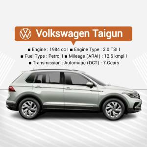 Side view of a silver Volkswagen Taigun with key specifications listed.