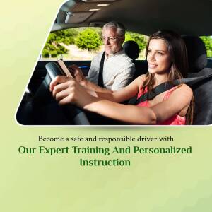 Young woman learning to drive with an instructor in the passenger seat.