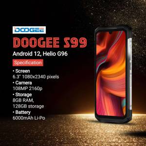 Doogee S99 Android smartphone with key specifications displayed