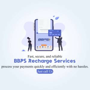 BBPS Recharge Services advertisement showing a mobile phone with a bill and a credit card, with people interacting with the service.