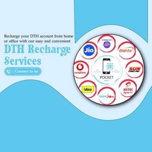 Image showcasing DTH recharge services offered by PocketPro with logos of various providers.
