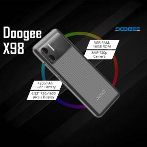 Doogee X98 smartphone with specifications highlighted