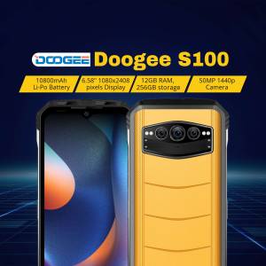Doogee S100 smartphone with key specifications highlighted