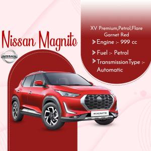 Red Nissan Magnite XV Premium car with specifications
