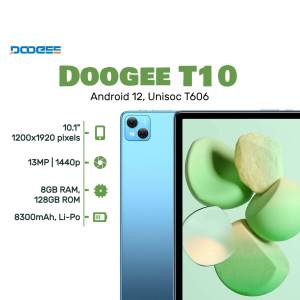 Doogee T10 tablet with specifications displayed