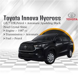 Black Toyota Innova Hycross GX 7 STR with specifications