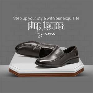 Black leather shoes on a white platform with text 'Pure Leather'